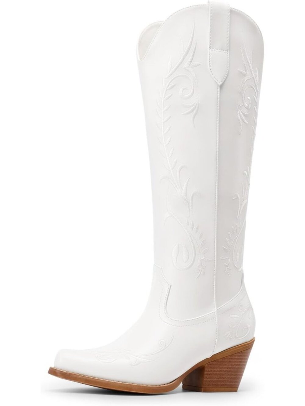 Women's White Faux Leather Square Toe Knee High Embroidered Western Cowgirl Boot